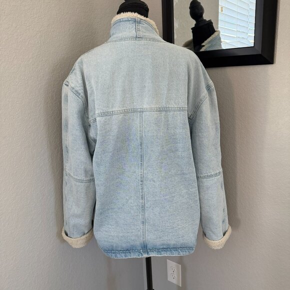 FREE PEOPLE We the Free Twisted Heart Cozy Blue Denim Fleece Jacket Medium - Picture 6 of 15